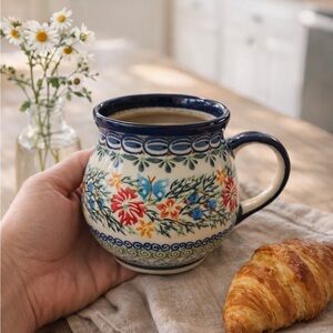 Polish Pottery UNIKAT Mug Signed Justyna Boleslawiec Floral Coffee Cup Butterfly